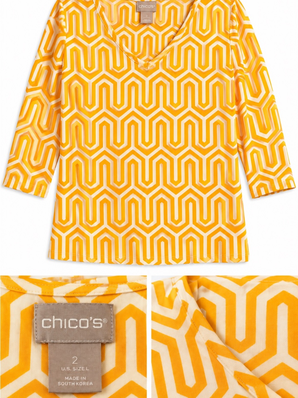 Chico's Yellow & White Geometric V-Neck Long Sleeve Top